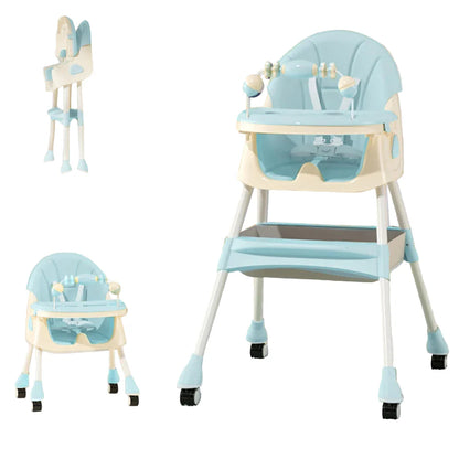 High chair with storage and double tray system, designed for infant and toddler feeding comfort