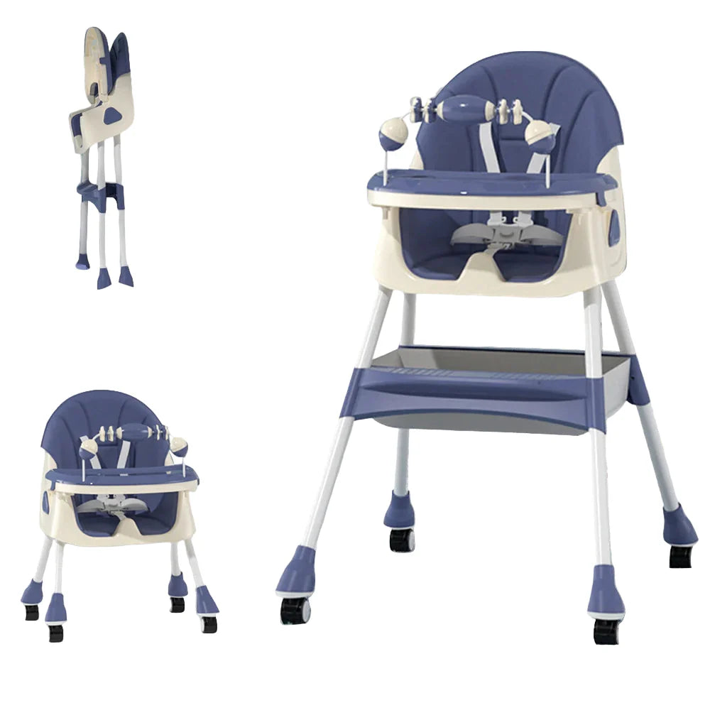 Modern baby high chair, gray finish, foldable with double feeding tray and generous storage basket