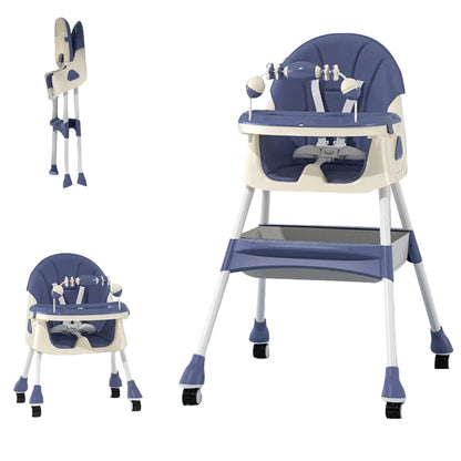Modern baby high chair, gray finish, foldable with double feeding tray and generous storage basket