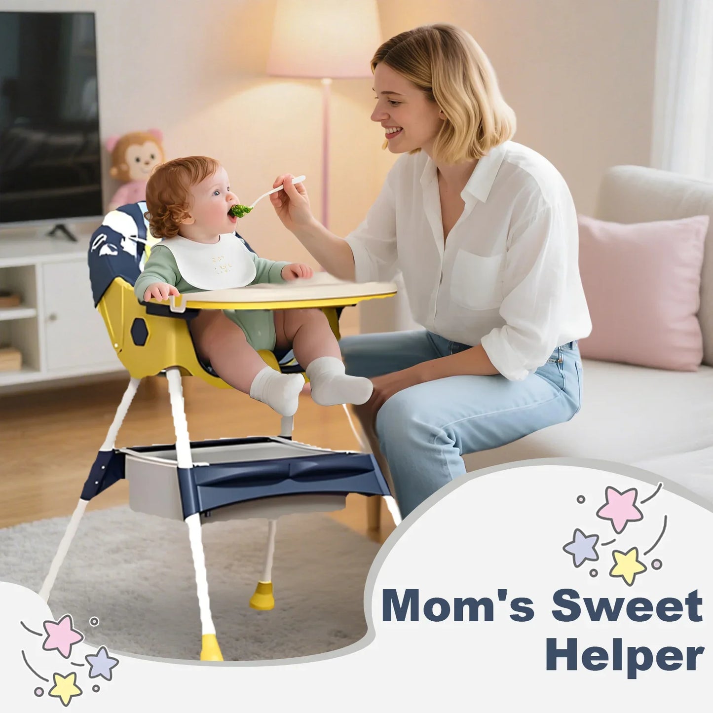 Convertible baby high chair in gray, easily foldable with attached double tray for feeding