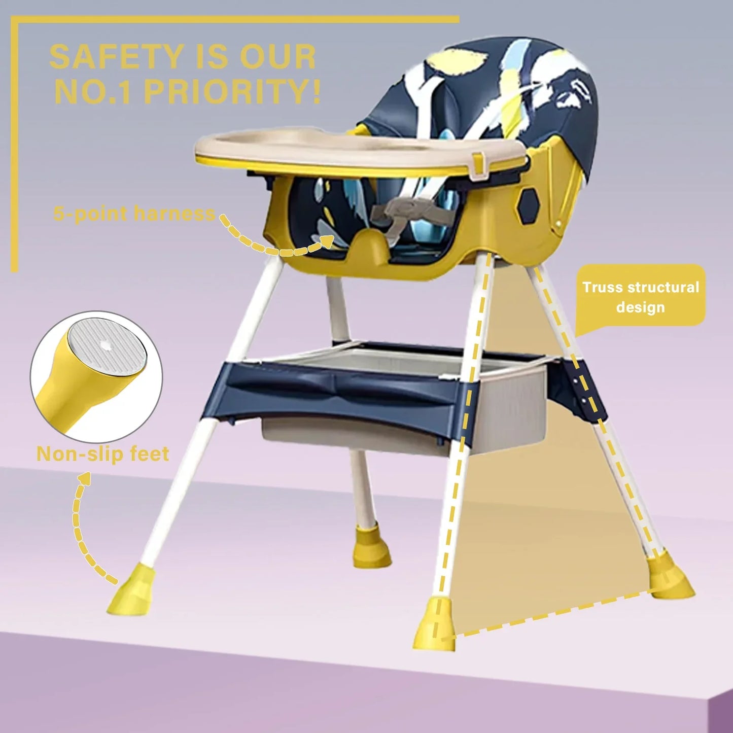 Infant high chair with adjustable double tray and large storage basket, perfect for small spaces