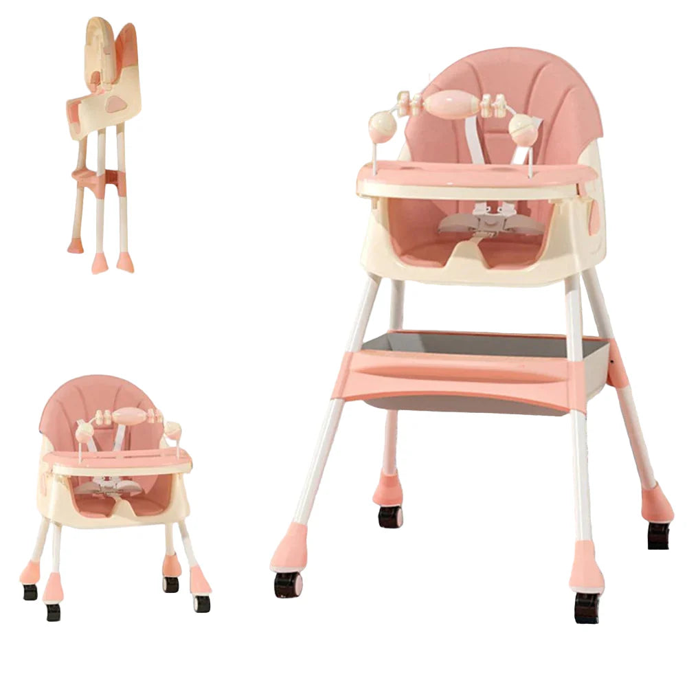 Compact folding high chair for toddlers, includes a removable double tray and useful storage
