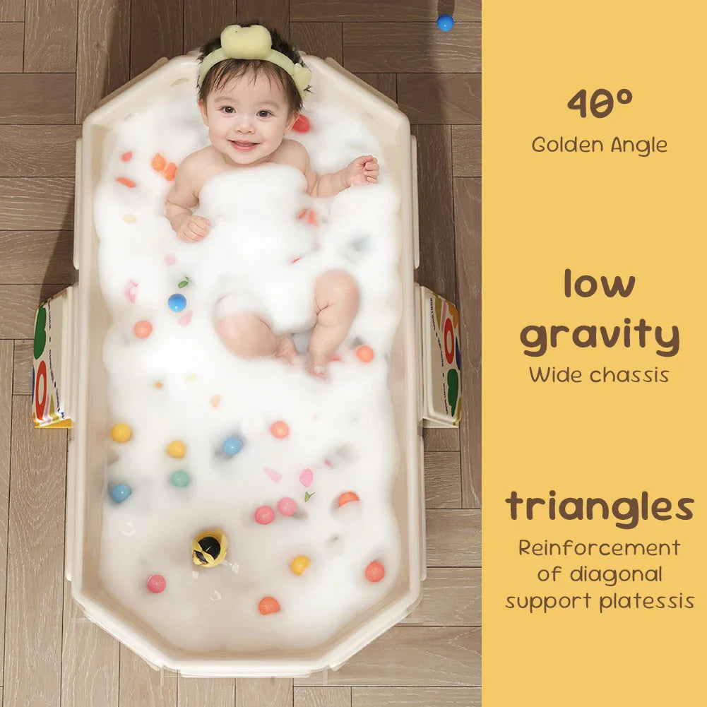 Portable infant bathtub, space-saving design with integrated temperature sensor for baby's comfort.