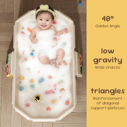 Portable infant bathtub, space-saving design with integrated temperature sensor for baby's comfort.