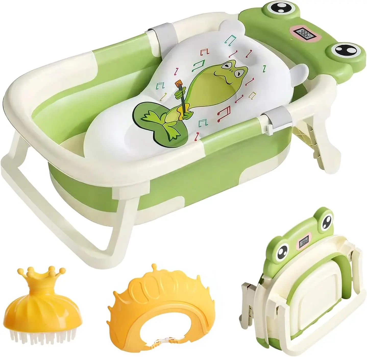 Foldable baby bathtub with smart thermometer and soft cushion for safe newborn bathing