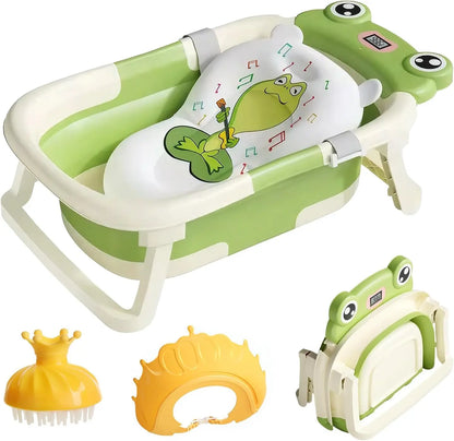 Foldable baby bathtub with smart thermometer and soft cushion for safe newborn bathing