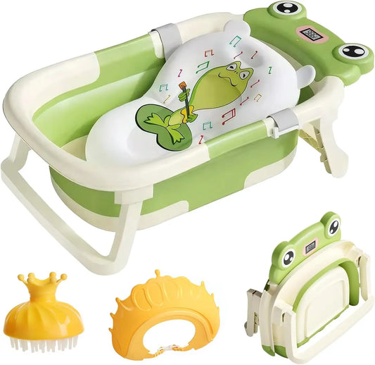 Foldable baby bathtub with smart thermometer and soft cushion for safe newborn bathing