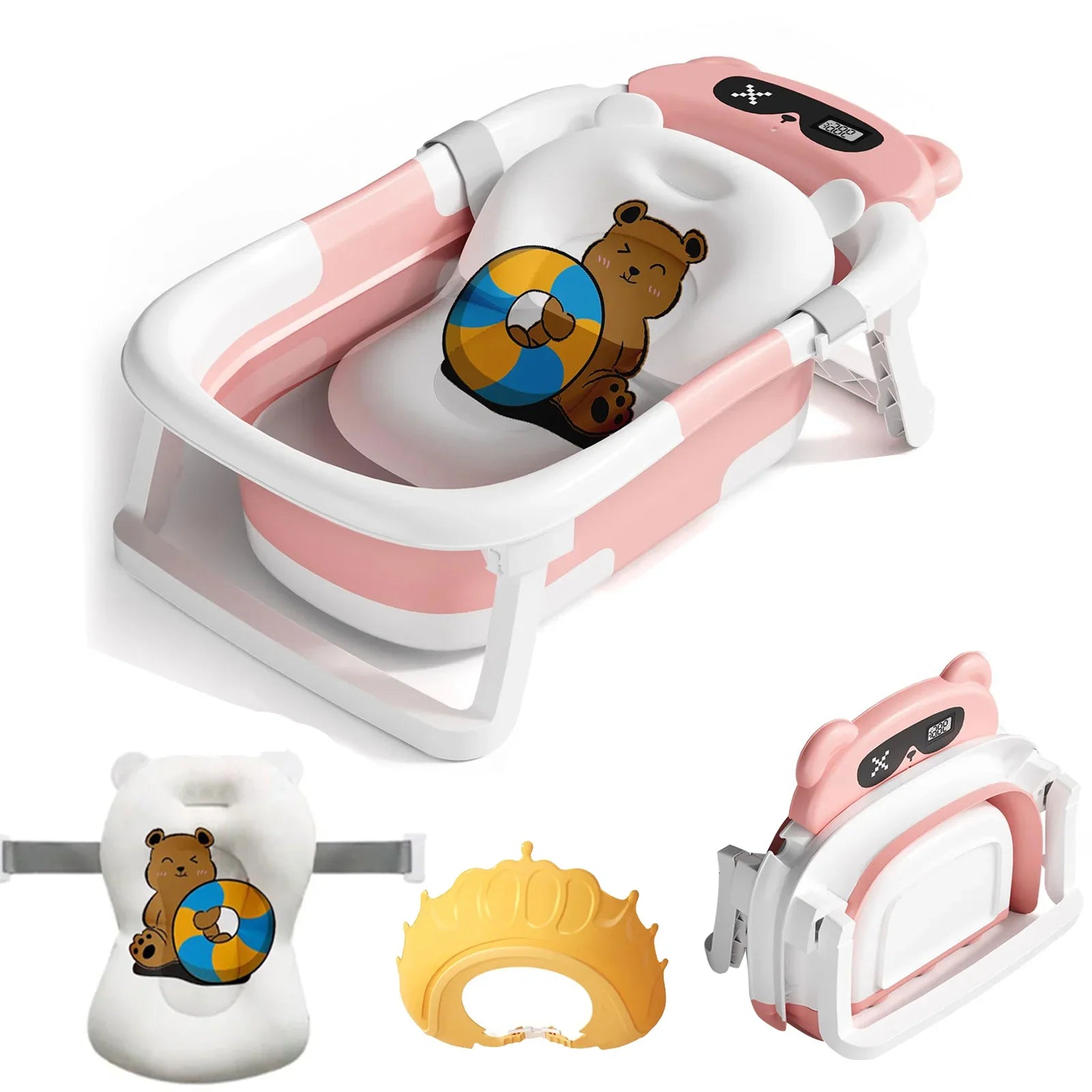 Foldable baby bathtub open, showing the smart thermometer and soft, safe bath cushion inside