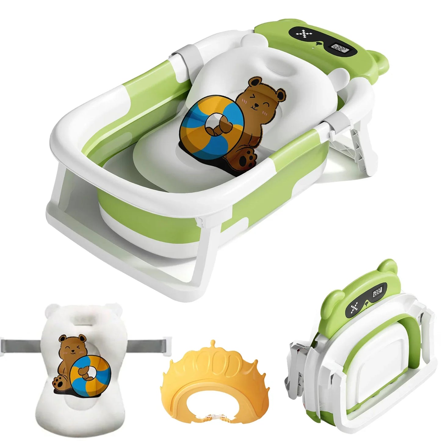 Durable foldable baby bath tub with a removable cushion and intelligent temperature display