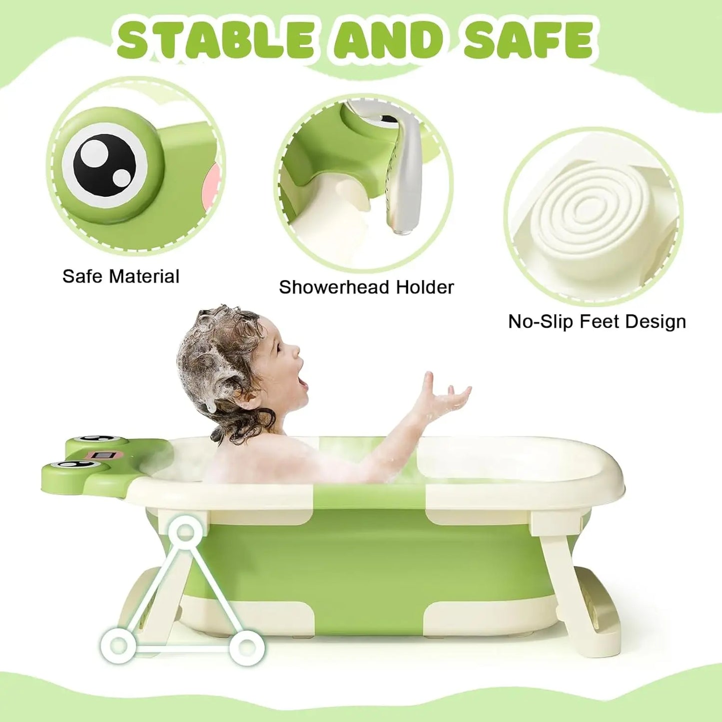 Space-saving foldable baby bath tub with integrated temperature sensor for infant care