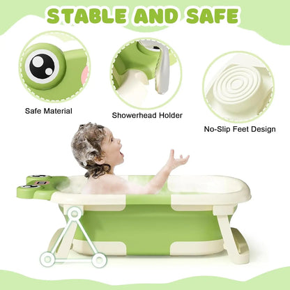 Space-saving foldable baby bath tub with integrated temperature sensor for infant care