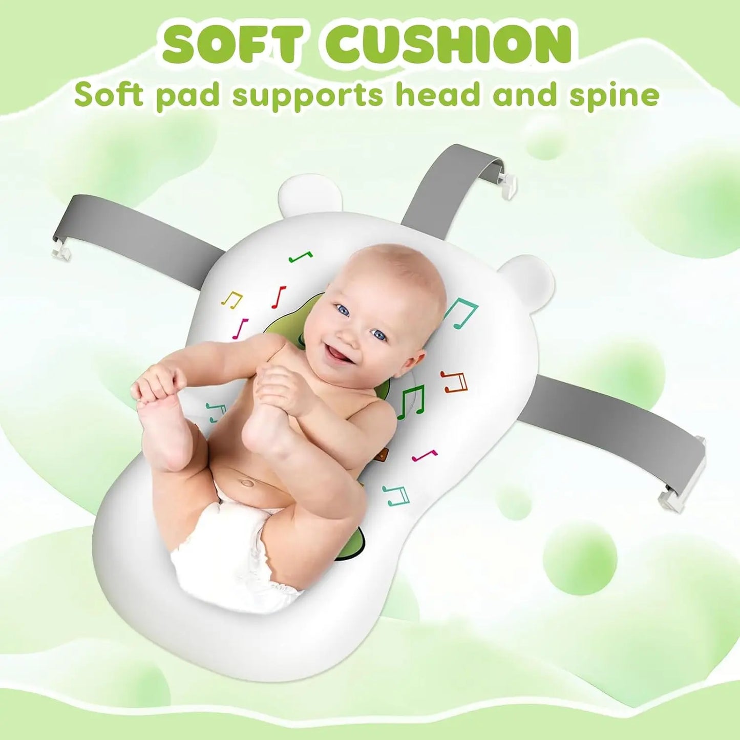 Portable baby bathtub in blue with a comfortable cushion and digital thermometer display