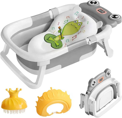 White foldable baby bath tub includes a comfortable bath cushion and safety sensor