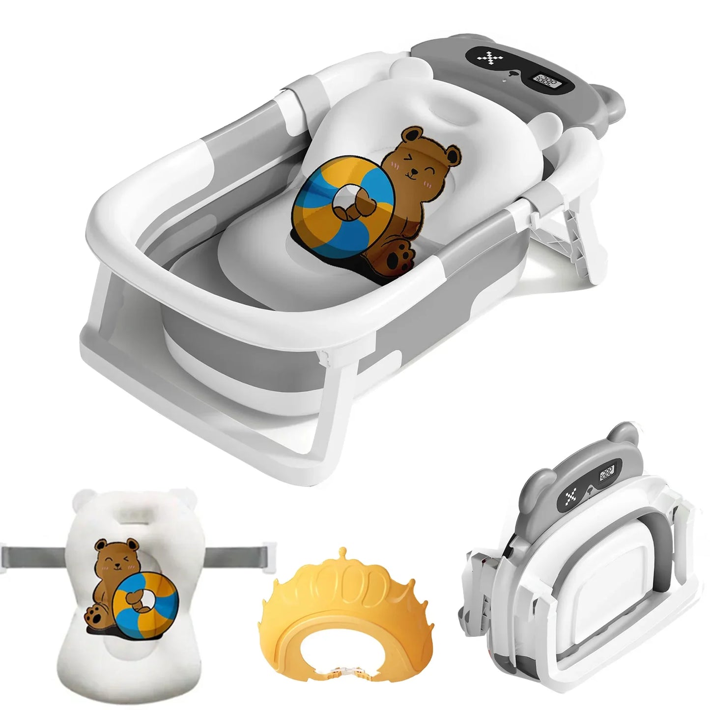 Lightweight portable baby tub with built-in thermometer and supportive infant bath cushion