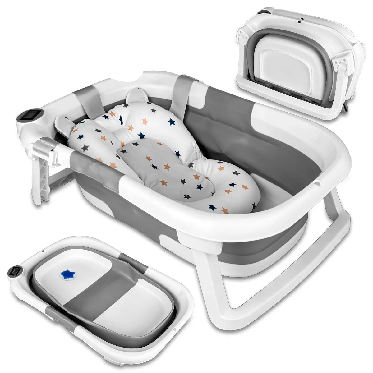 Foldable baby bathtub with thermometer & soft support, perfect for newborn bathing.