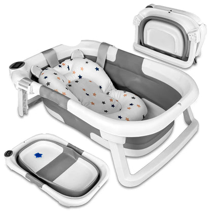 Foldable baby bathtub with thermometer & soft support, perfect for newborn bathing.