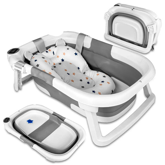 Foldable baby bathtub with thermometer & soft support, perfect for newborn bathing.