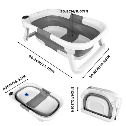Portable baby bath tub, space-saving design with integrated thermometer for infants.