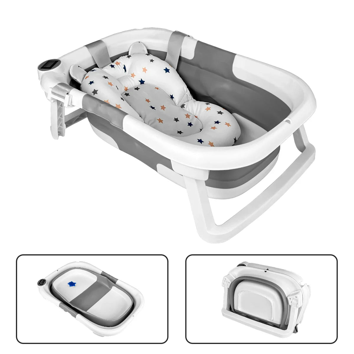 Compact foldable baby bathtub with a soft cushion, ideal for toddler bath time.