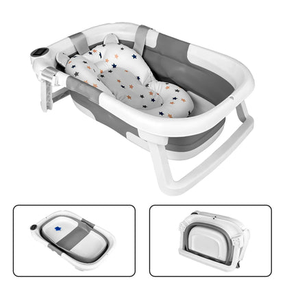 Compact foldable baby bathtub with a soft cushion, ideal for toddler bath time.