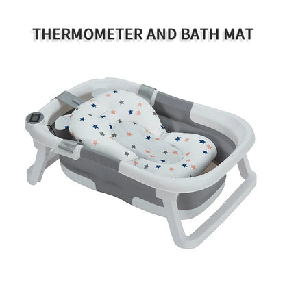 Newborn baby bath with temperature display & soft support, easy to store.