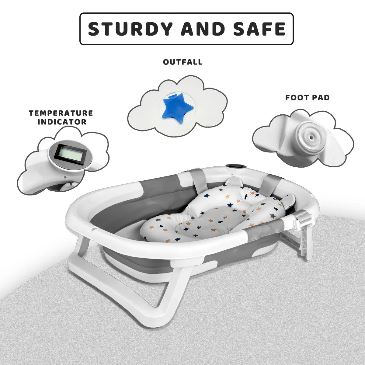 Infant bathing solution: foldable tub with thermometer and comfortable soft cushion.