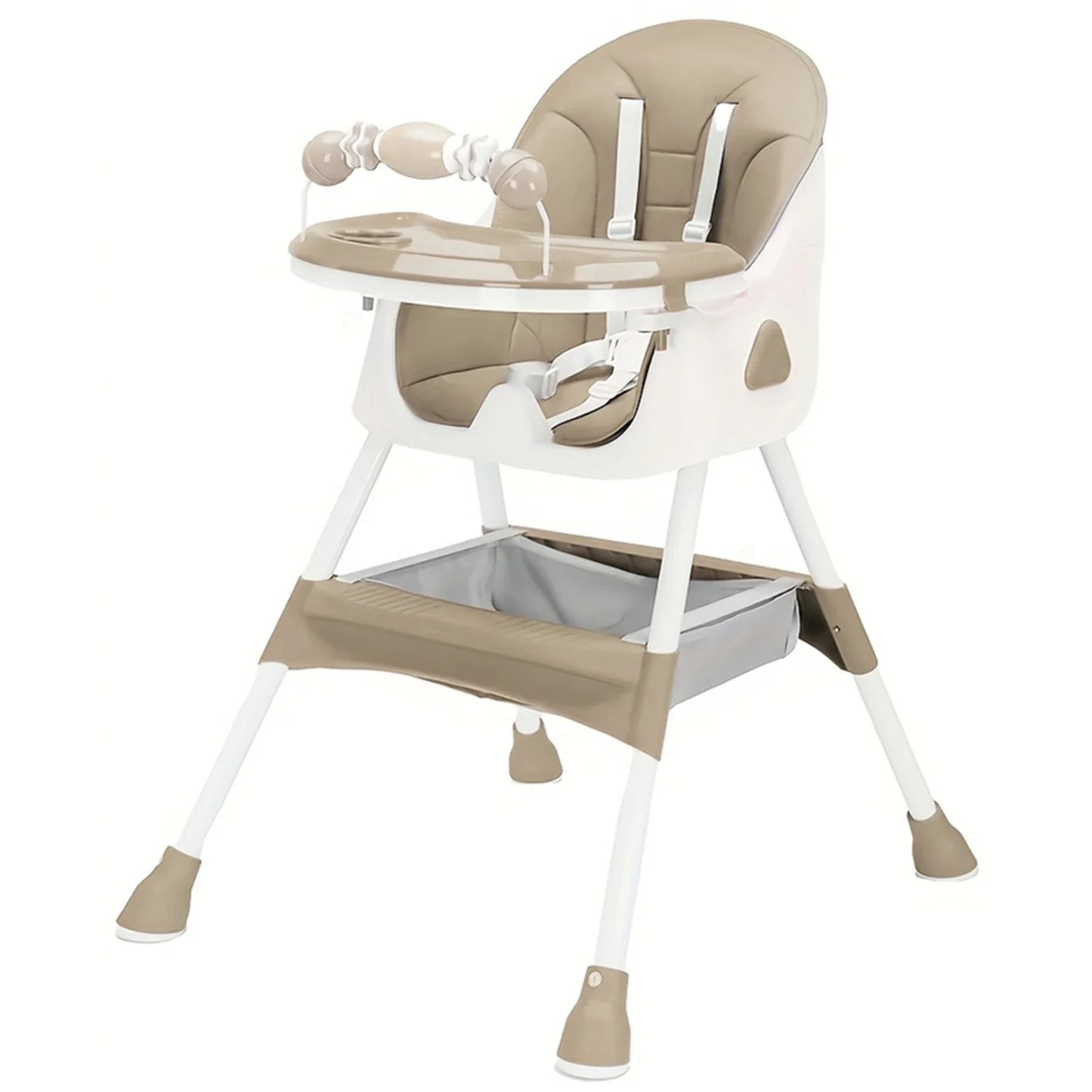 Versatile baby high chair, foldable for travel, with a removable toy rack for playtime