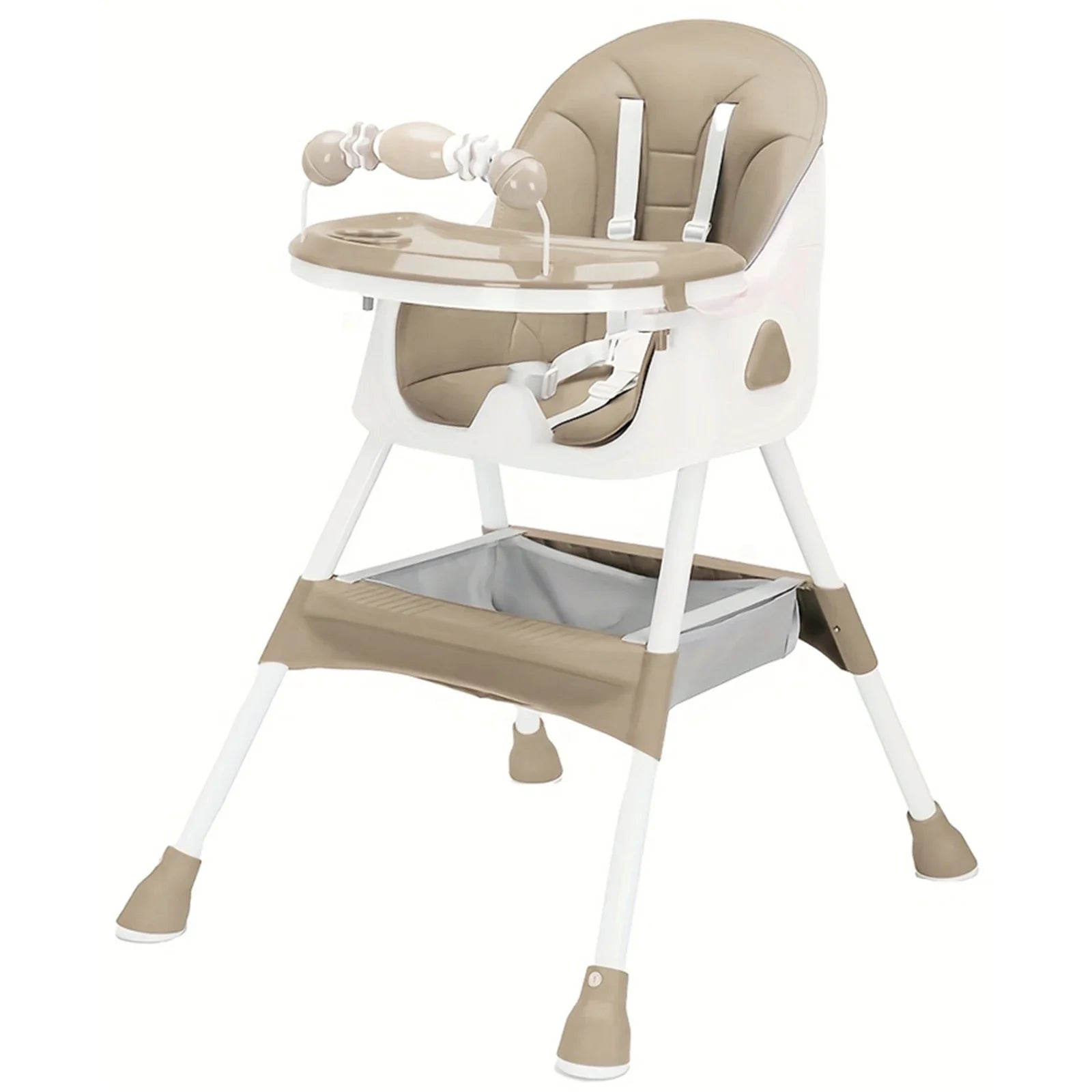 Versatile baby high chair, foldable for travel, with a removable toy rack for playtime
