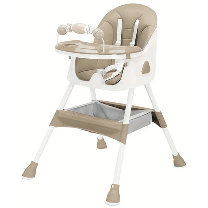Versatile baby high chair, foldable for travel, with a removable toy rack for playtime