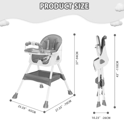 Portable toddler high chair, foldable with integrated toy rack for convenient mealtime