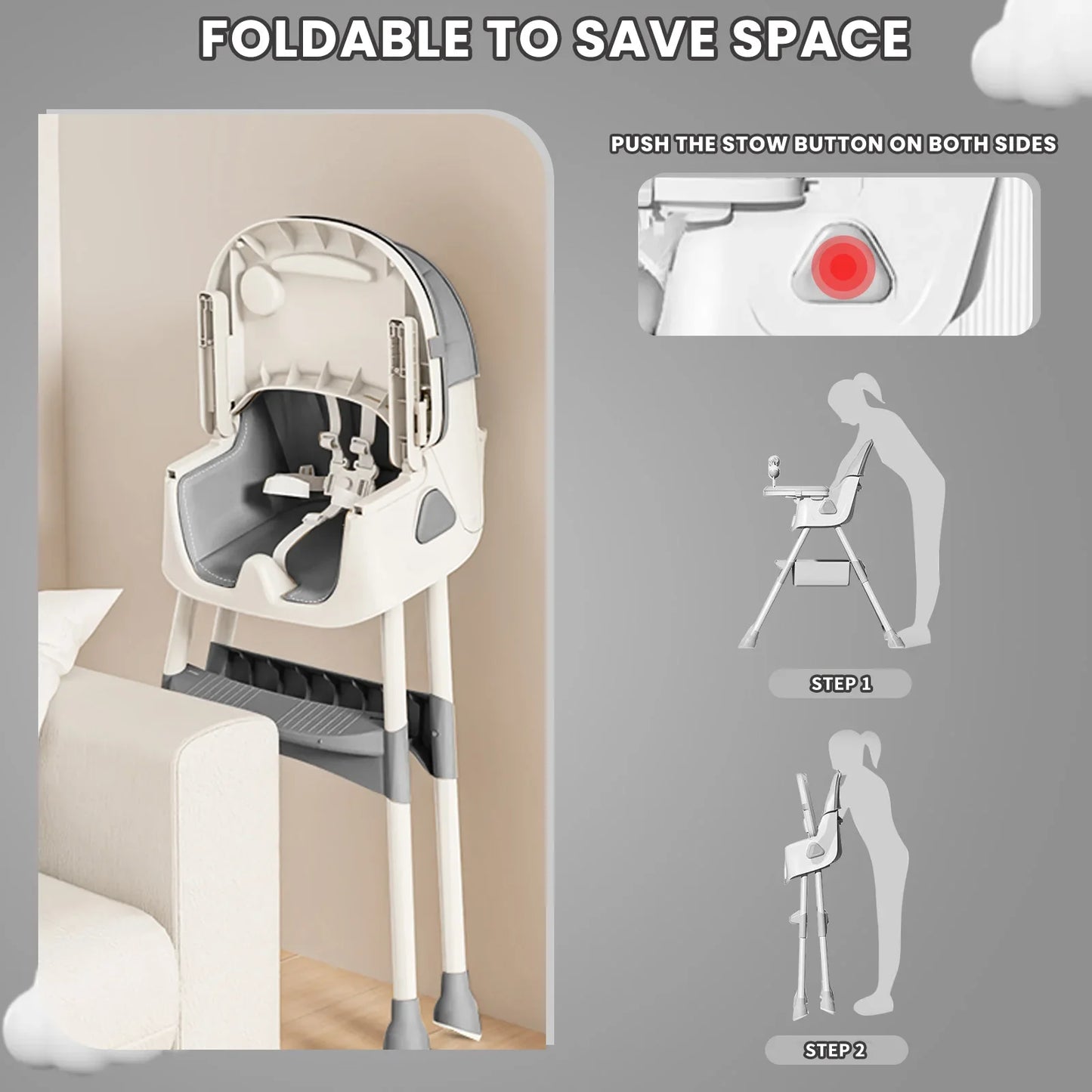 Safe feeding solution: baby high chair, foldable, with toy rack and easy-clean features