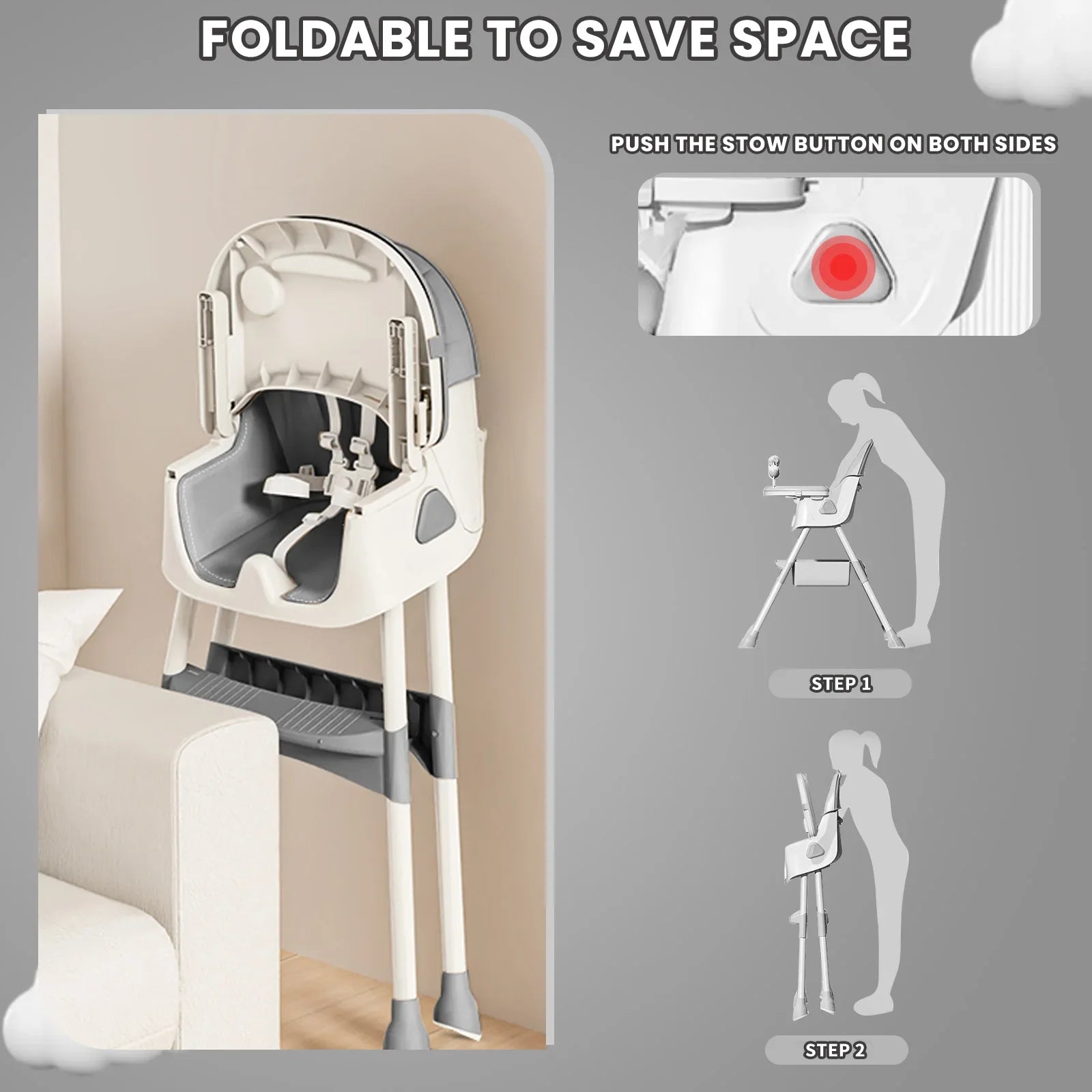 Safe feeding solution: baby high chair, foldable, with toy rack and easy-clean features
