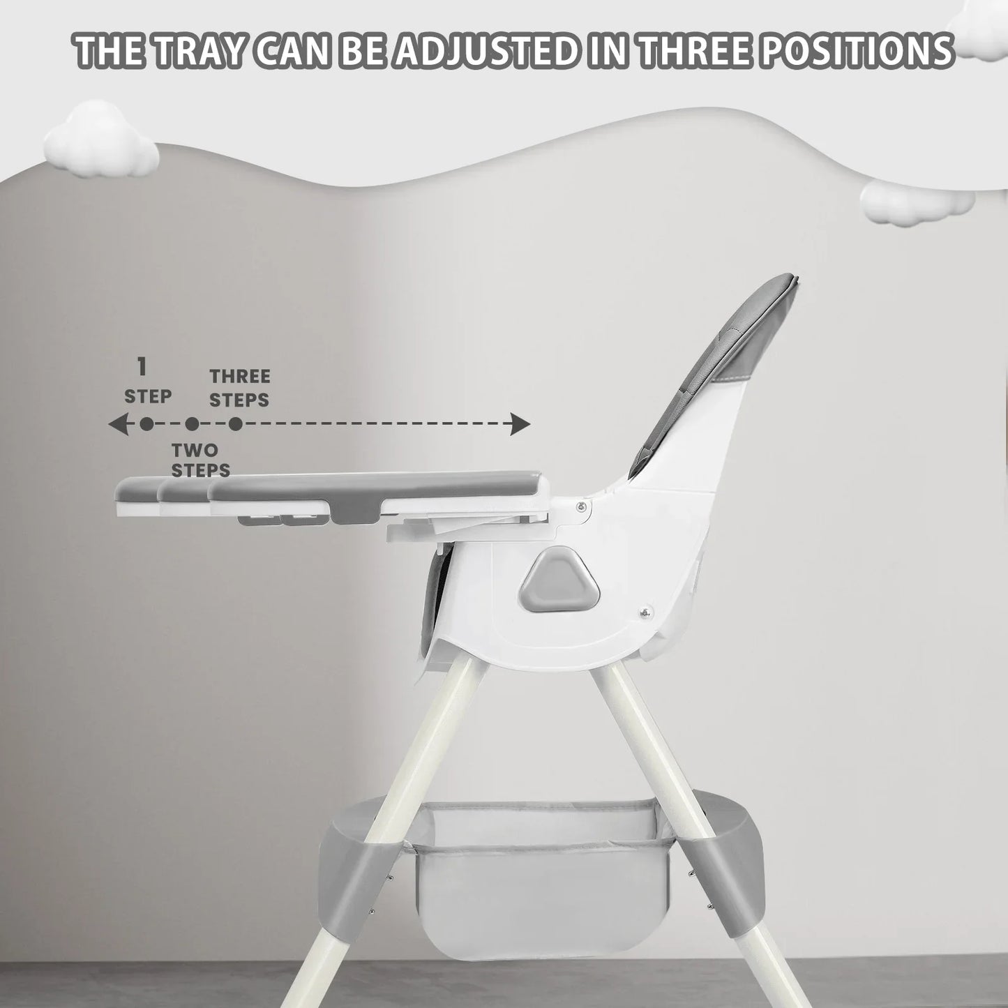 Compact foldable baby high chair with fun toy rack, perfect for small spaces