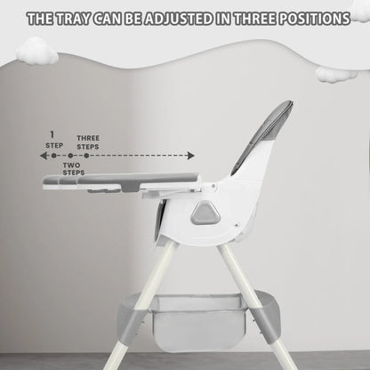 Compact foldable baby high chair with fun toy rack, perfect for small spaces
