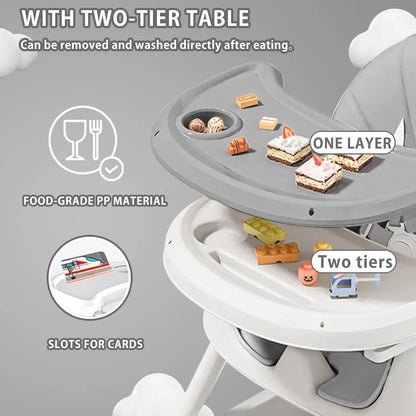 Easy clean baby feeding chair, foldable design with toy rack for engaging mealtimes