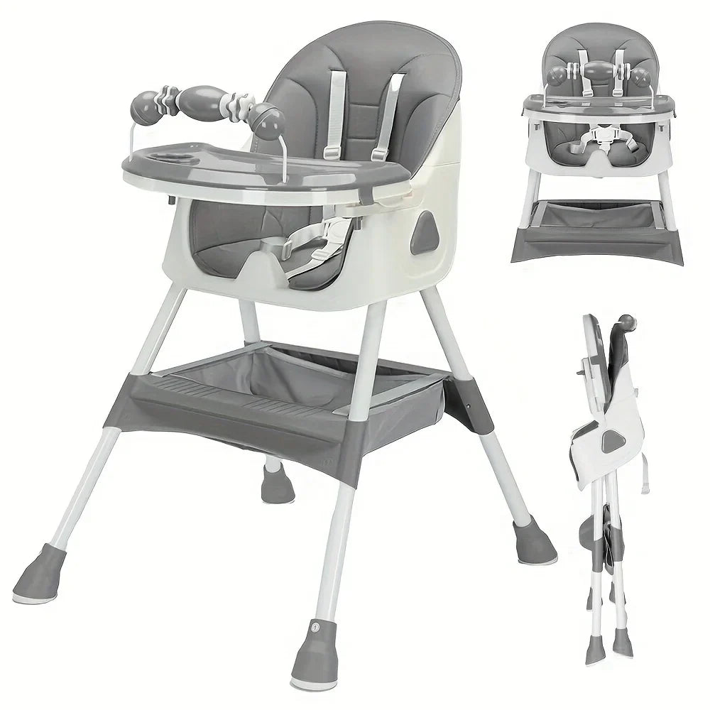 Toddler high chair with toy rack, foldable and easy to clean, essential baby gear