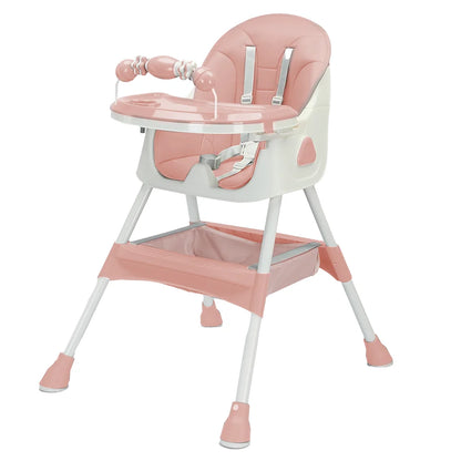 Space-saving foldable baby high chair, black and white, with built-in toy rack