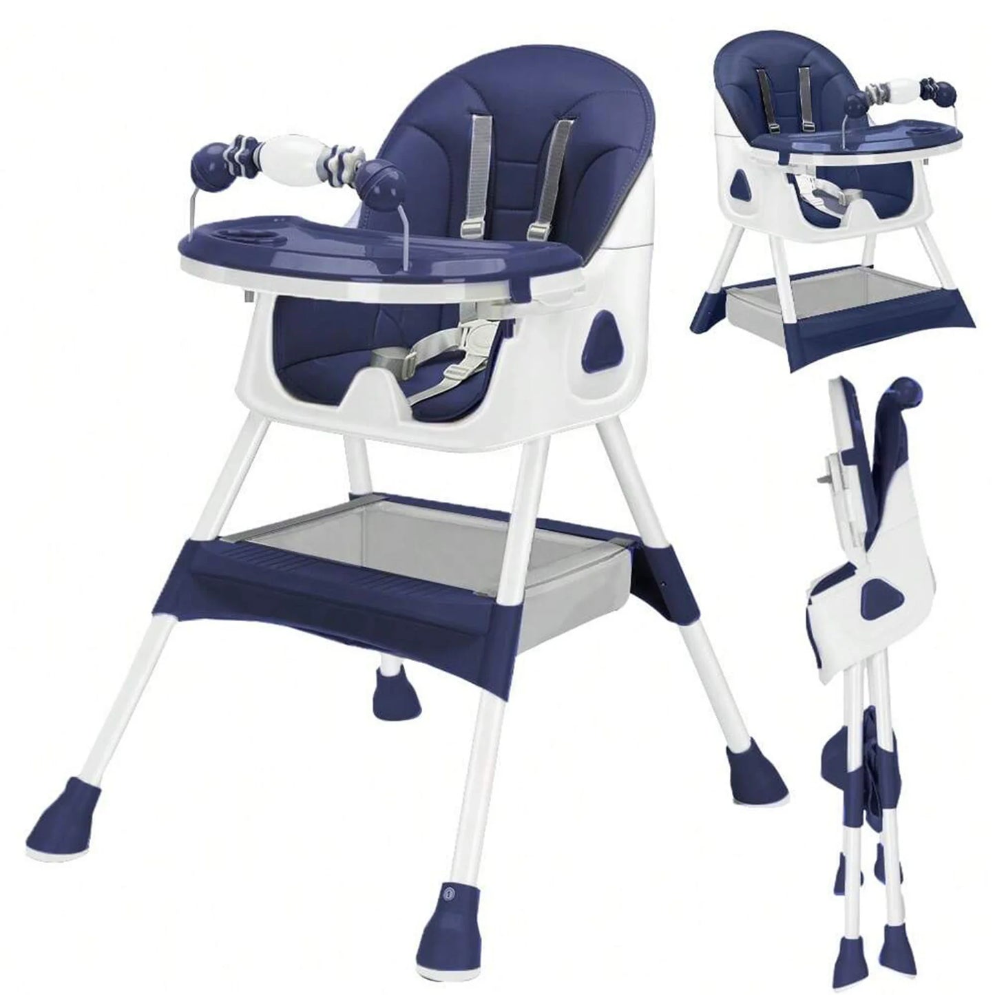 Modern foldable baby high chair with secure harness and engaging toy rack