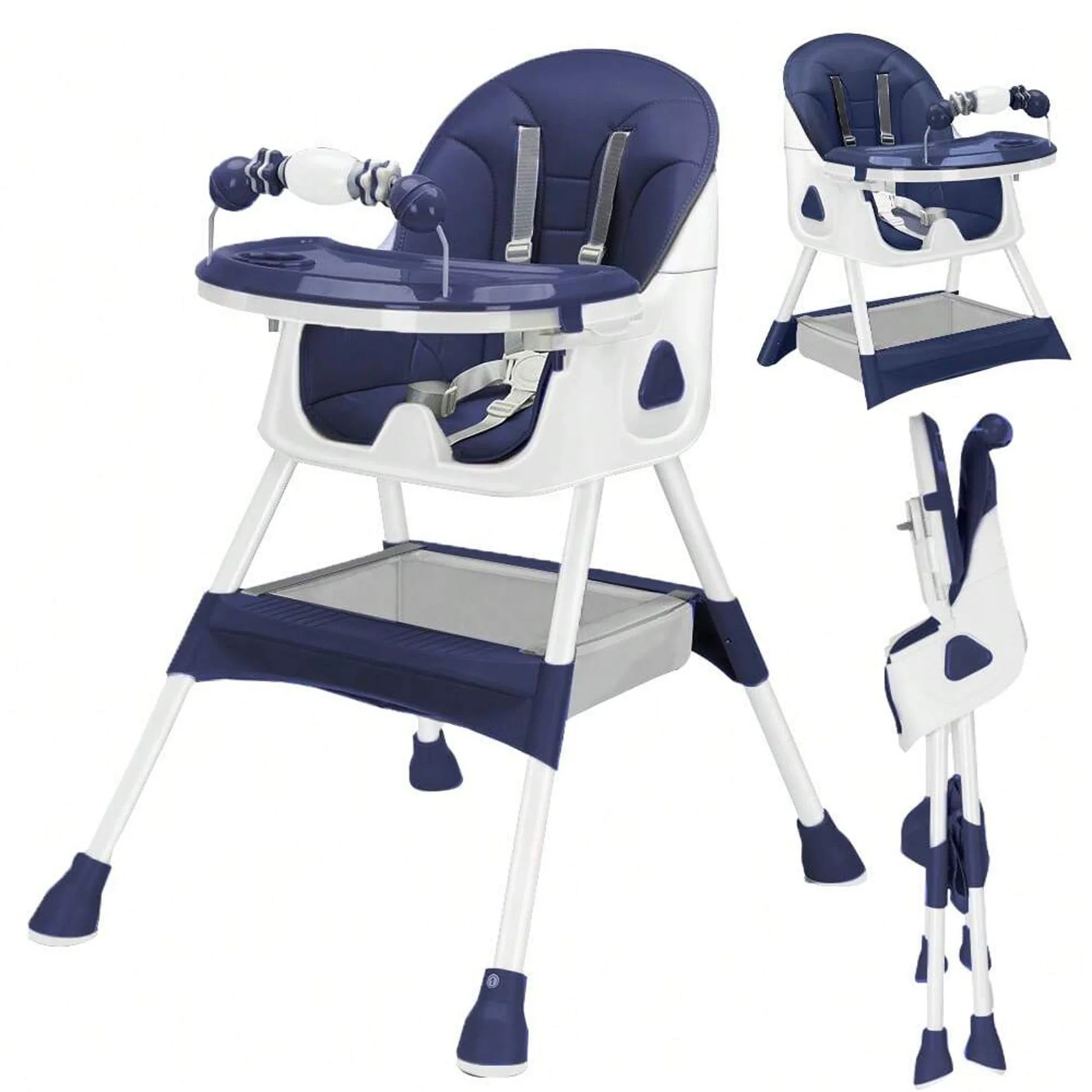 Modern foldable baby high chair with secure harness and engaging toy rack