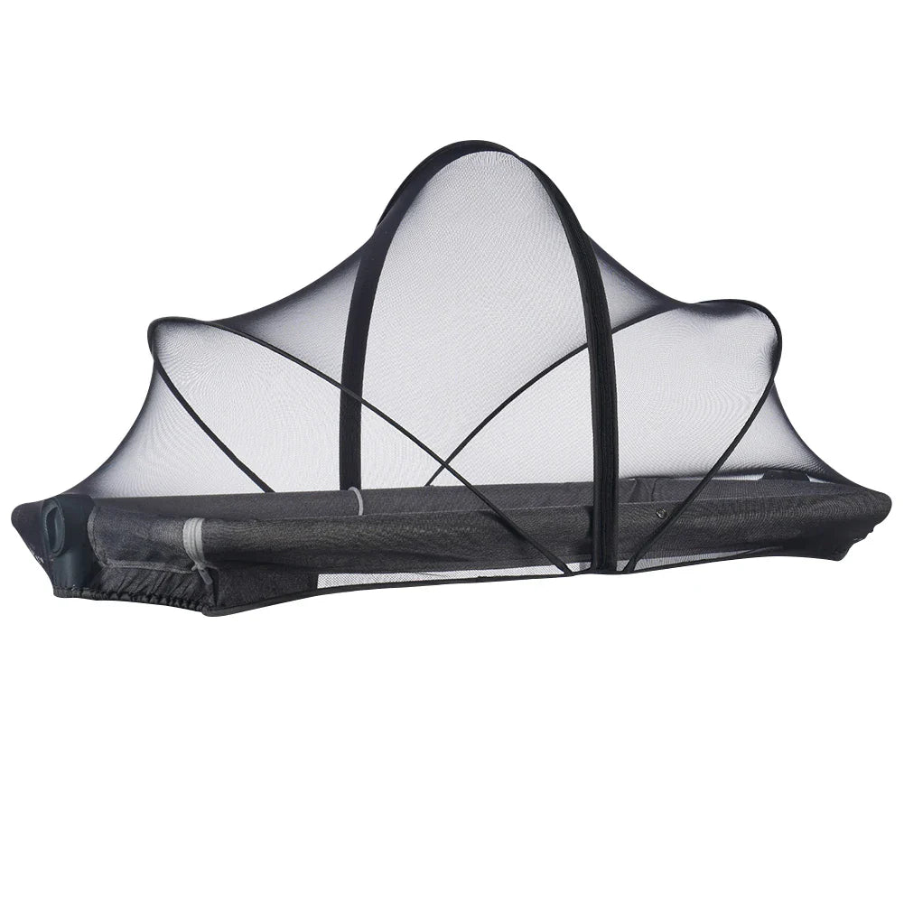 Portable baby mosquito net tent over a bassinet, gray trim, protects infant from bugs