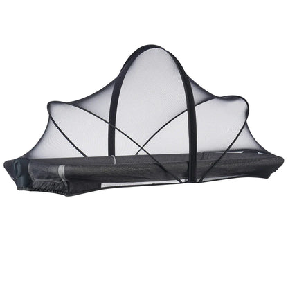 Portable baby mosquito net tent over a bassinet, gray trim, protects infant from bugs