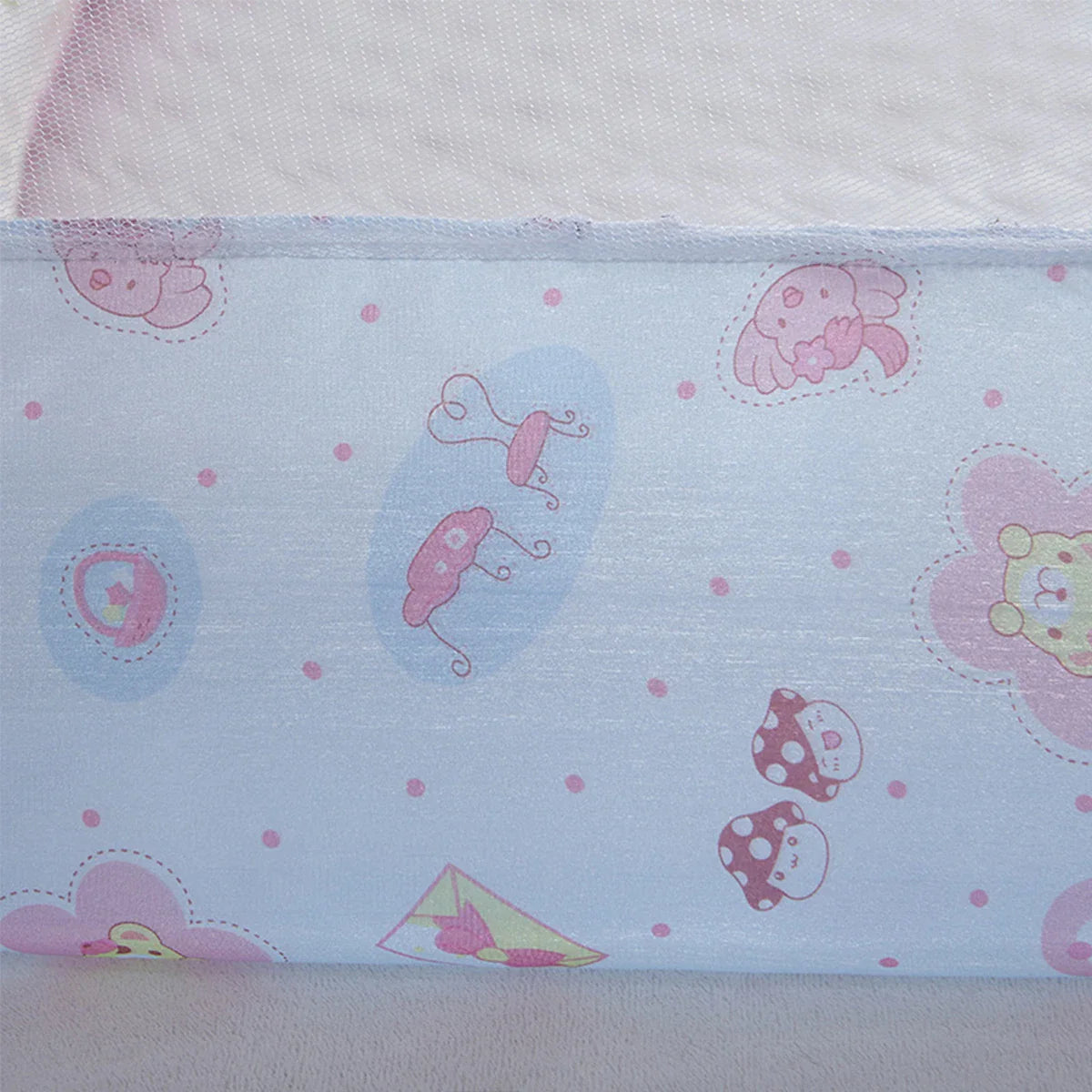 Baby mosquito net unfolded, showing full coverage for infant in a crib, safe sleep solution