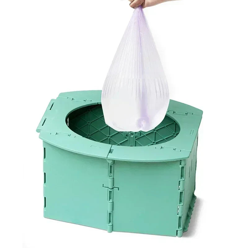 Unisex portable potty seat, blue and white, folded for travel, toddler hygiene solution.
