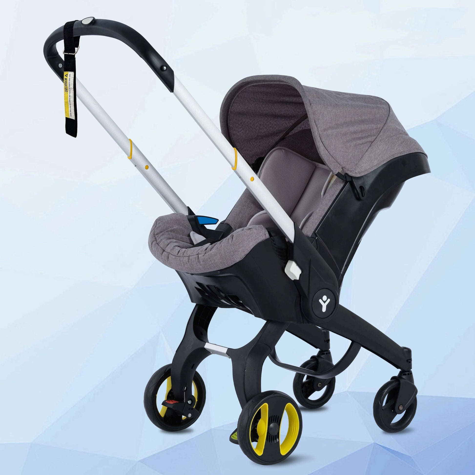 Foldable baby stroller with adjustable handle, sunshade & storage basket in a park setting