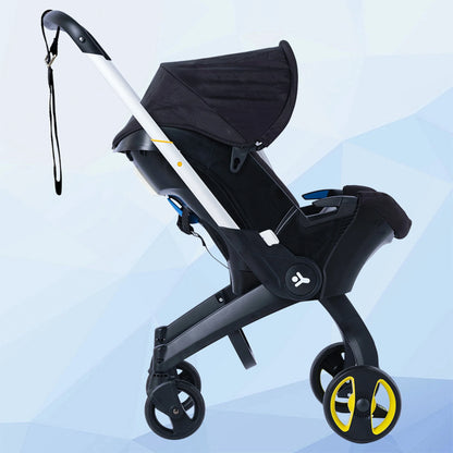 Infant transport baby stroller showing adjustable handle extended for taller parents