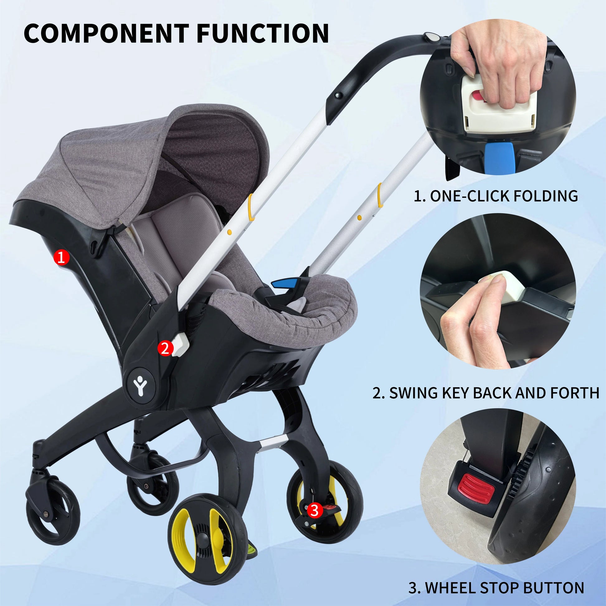 Portable baby gear: foldable stroller with large sunshade protecting a baby from sun