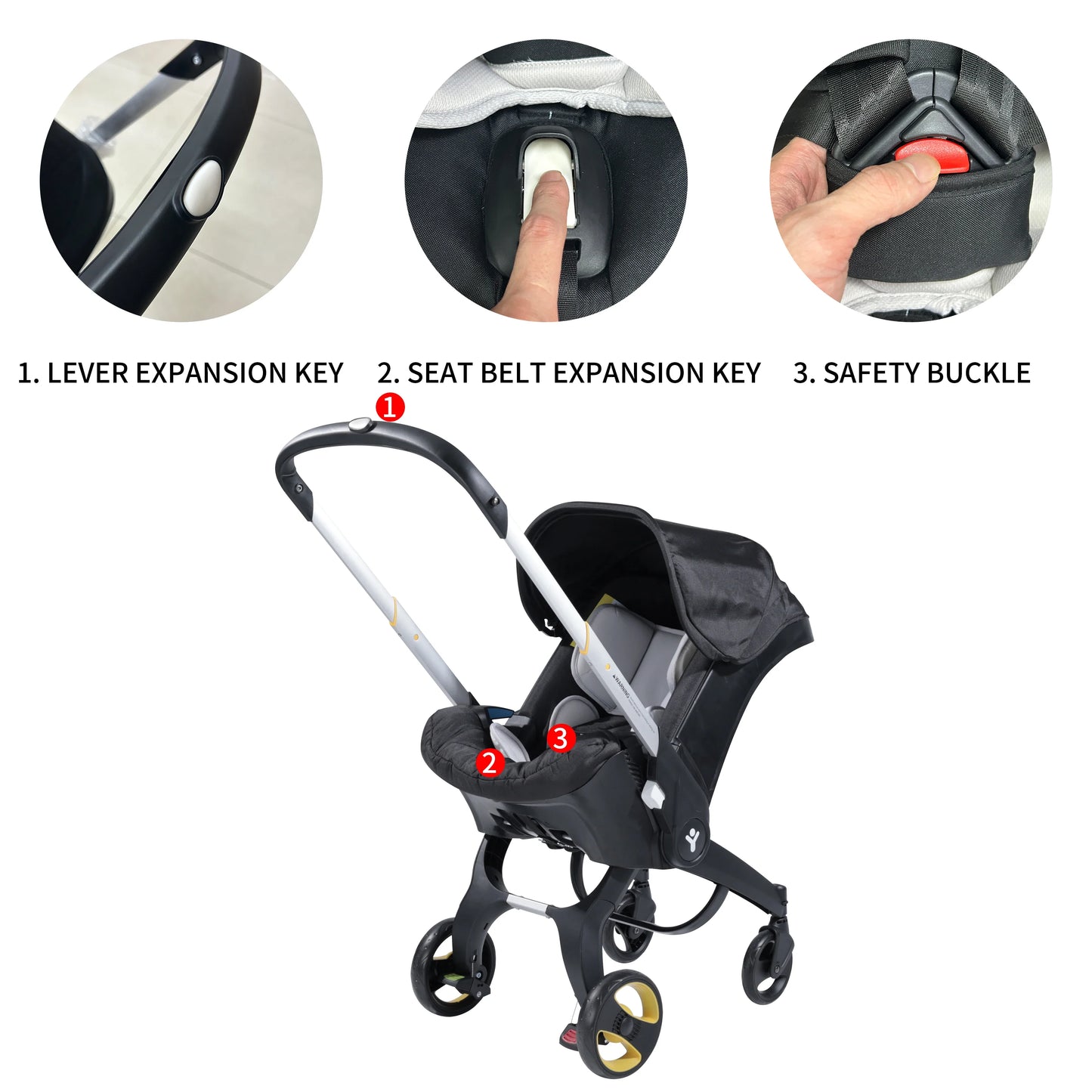 Detail of adjustable handle on a foldable baby stroller, ergonomic design for comfort