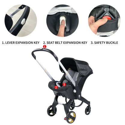 Detail of adjustable handle on a foldable baby stroller, ergonomic design for comfort