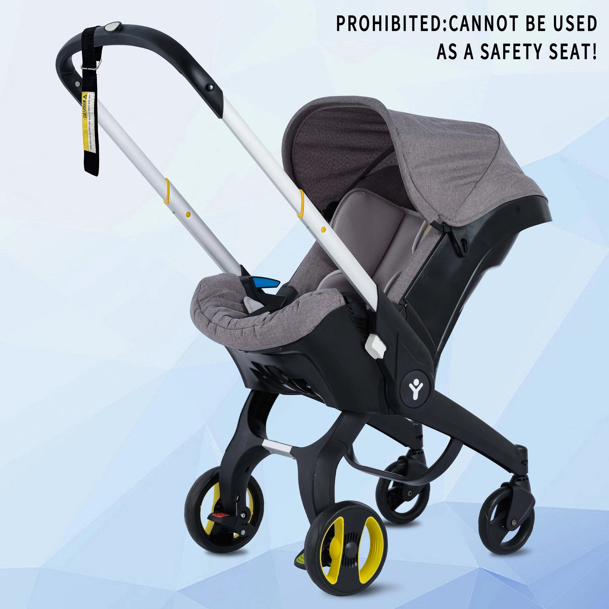 Folded compact baby stroller, grey, demonstrating space-saving design for storage & travel