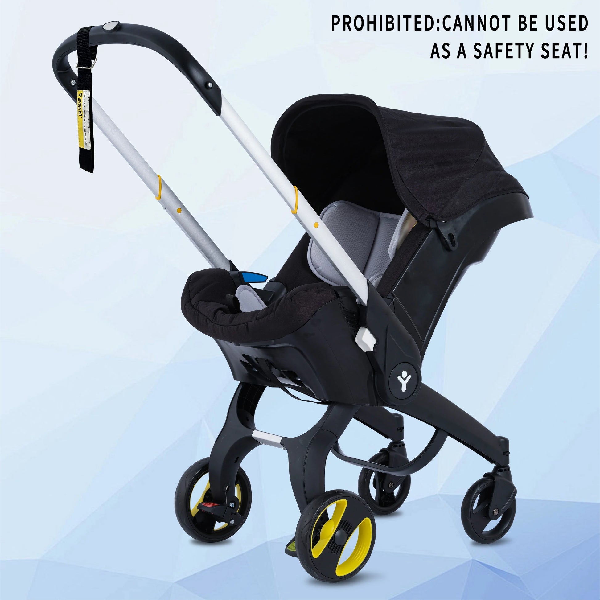 Front view of a grey foldable baby stroller, robust wheels & large sunshade for transport